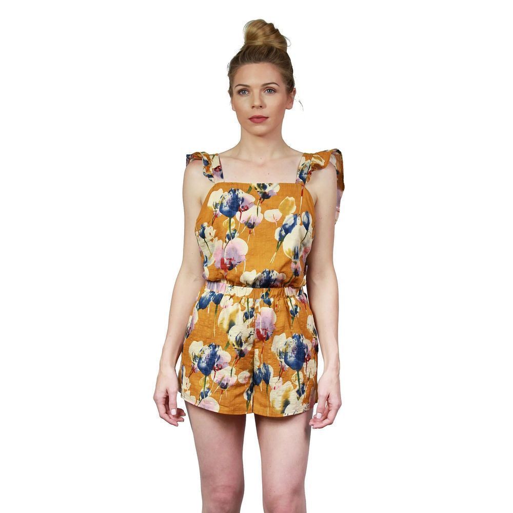 NEW!! LUCCA COILUTURE Khloe Terracotta Gold Floral Romper Size Large Flounce Ruf